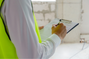 A person wearing a yellow vest and writing on a clipboard.